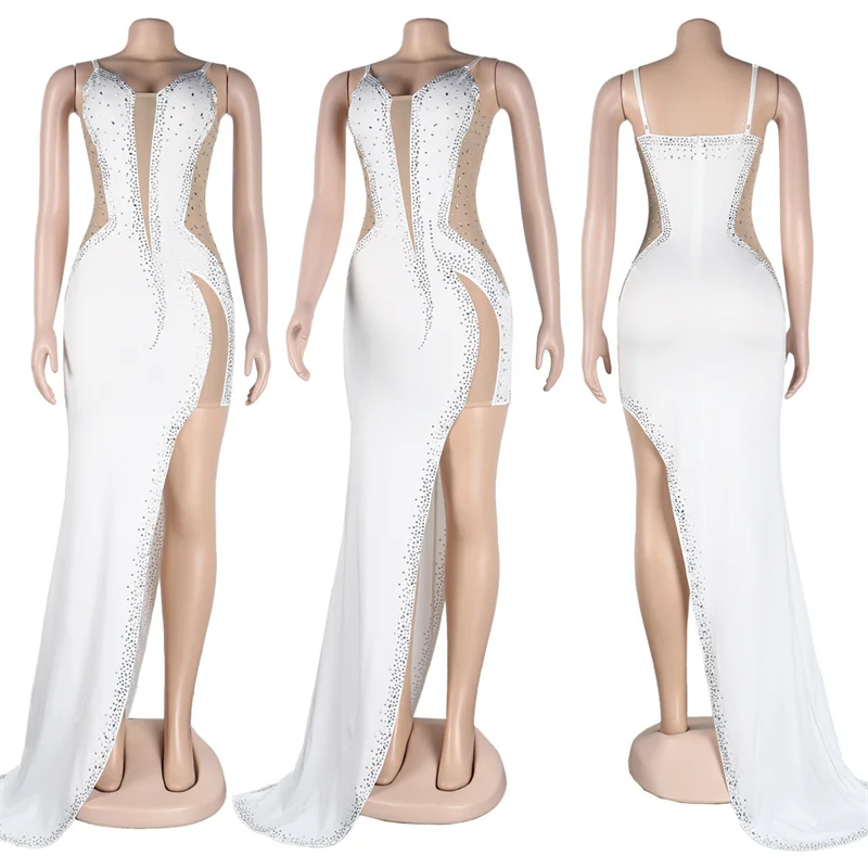 Sexy Kristall Strass Partei Abendkleider Frauen Hochzeit Elegante Mesh Sheer Patchwork Hohe Split Nachtclub Geburtstag Kleid