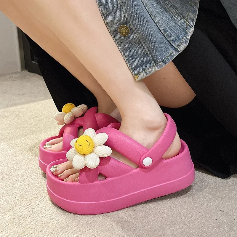 2023 Ladies Shoes Slip-on Women\'s Sandals High Waterproof Platform Flat with Casual Slippers Ladies Flowers Sweet Sandals Women