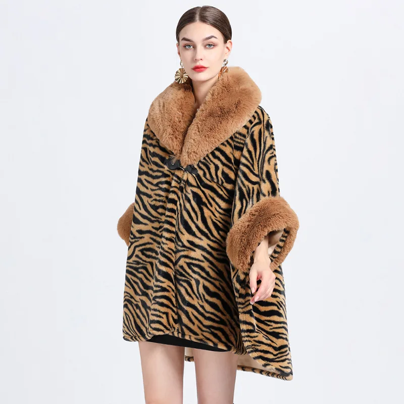 Women Shawl Coat Winter Thick Big Faux Fur Collar Outside Loose Cloak Warm Leopard Cloak Poncho