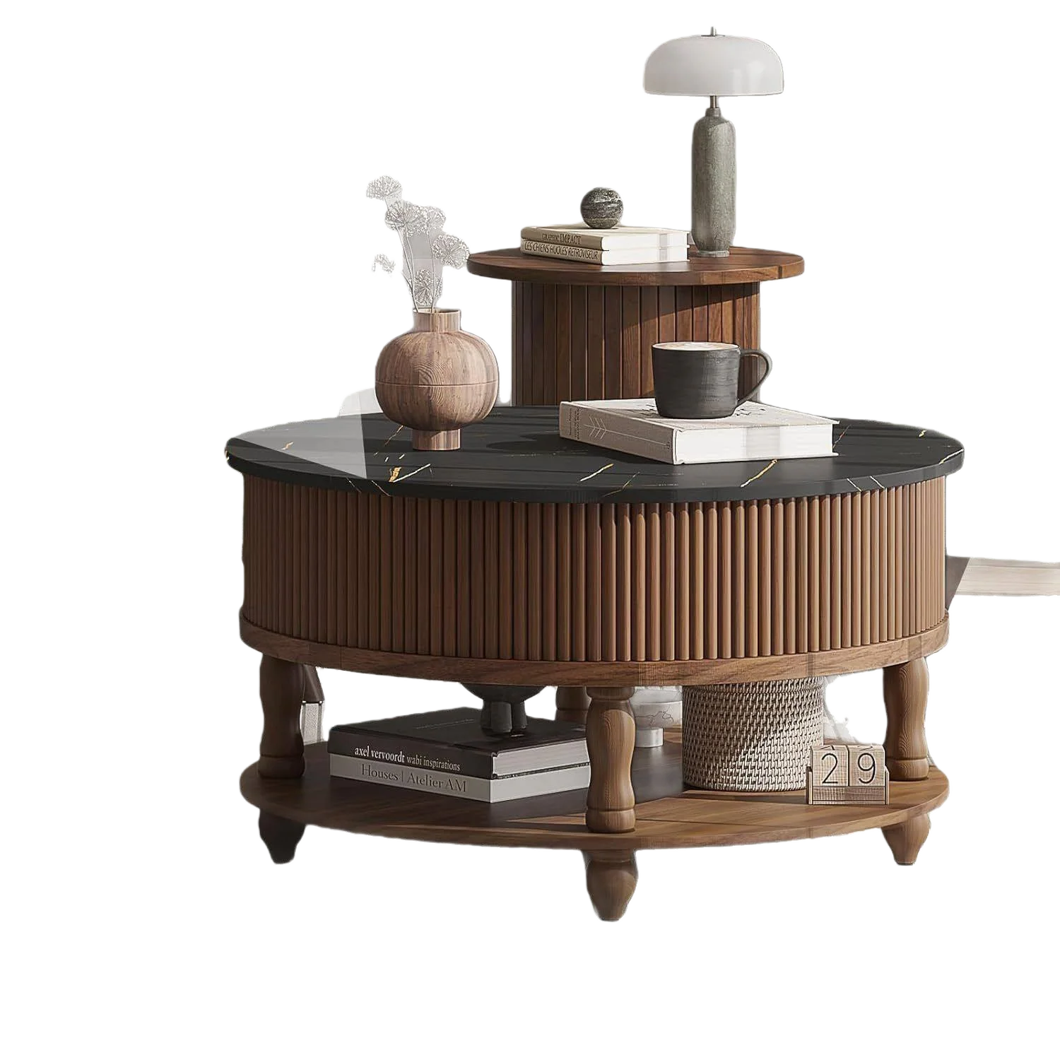 *Modern Round Coffee Cabinet, Wooden Finish, Dual-Use for Dining & Living, Smart Storage for Daily Life.