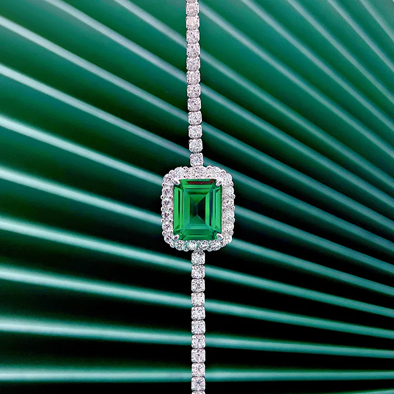 2024 New S925 Pure Silver Synthetic 8 * 10 Emerald Bracelet Fashionable and Elegant Ins Mingyuan Style