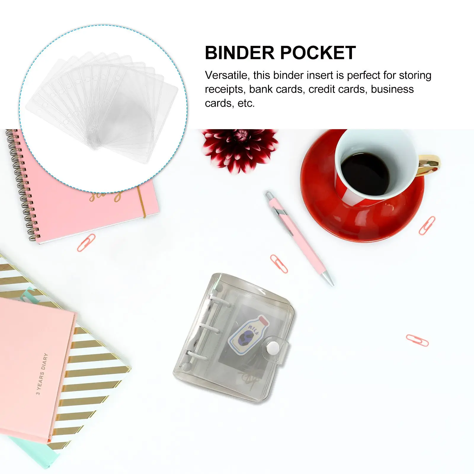 10 Pcs Binder Substitute Paper PVC Transparent Pocket 3 Hole Loose Leaf Mini Insert Book Envelope Storage Office Travel