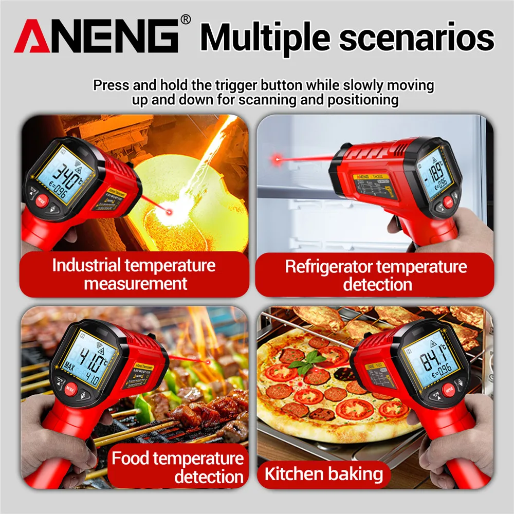 ANENG TH202 เครื่องวัดอุณหภูมิอินฟราเรดการตรวจจับแบบไม่สัมผัส -50~600 ℃   อุณหภูมิปืน LCD Backlit จอแสดงผลหน้าจอ Pyrometer Tester Meter