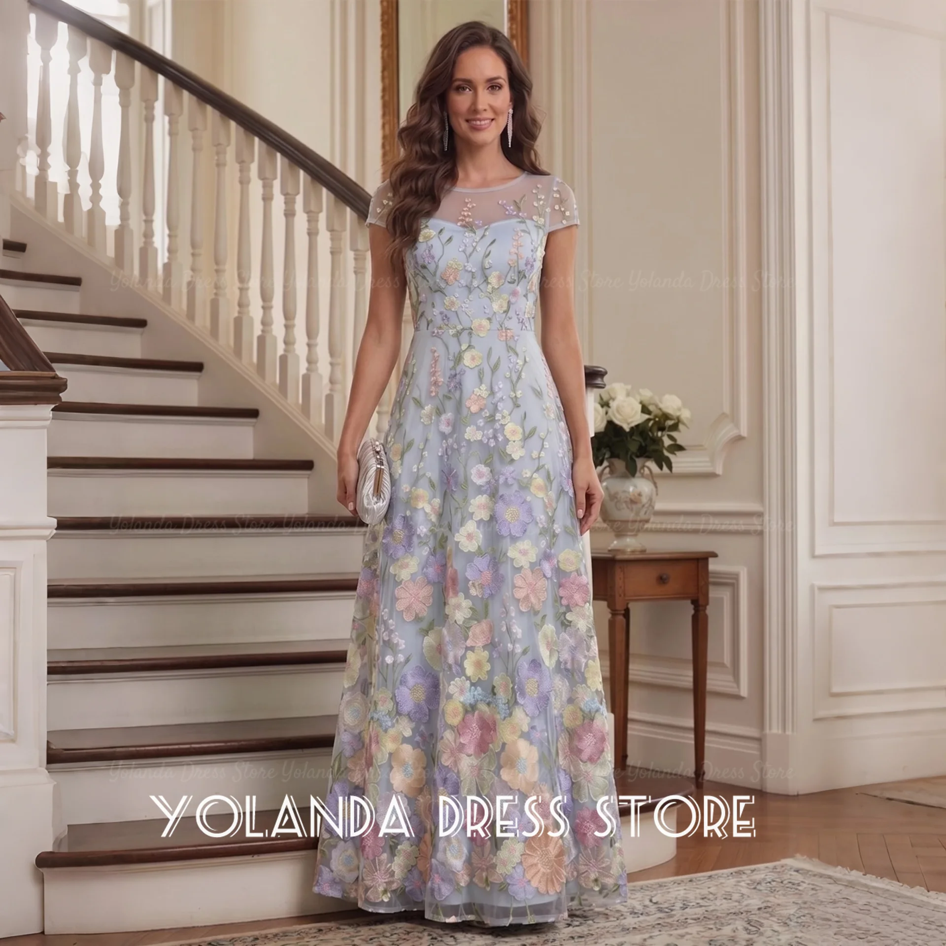 Yolanda Women's Wedding Party Retro Illusion Neck Floral Applique Wedding Guest Dresses Tulle Open back Evening Gowns Customized