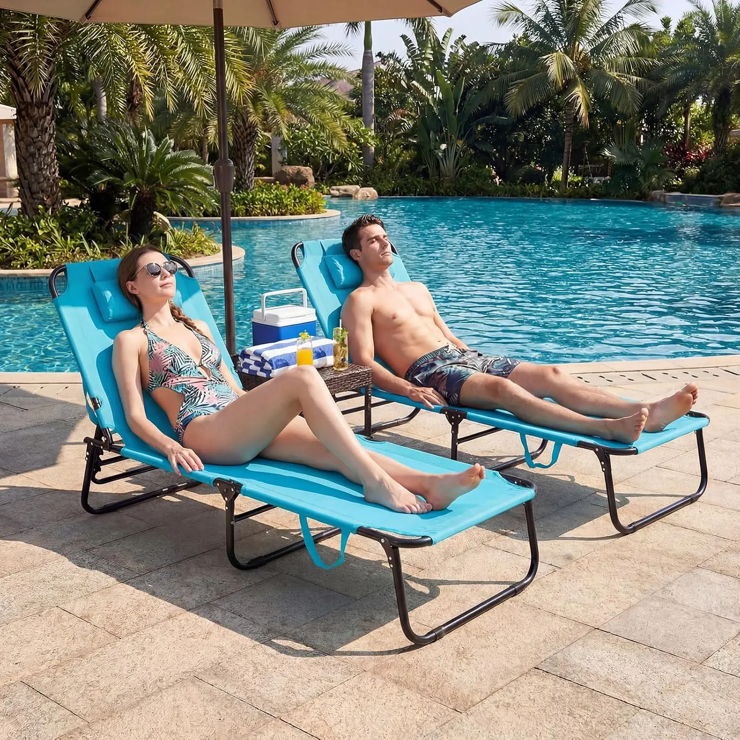Folding Tanning Lounge Chair w/Face Hole & Pillow, Portable Layout Sunbathing Chaise for Poolside Yard Lawn, 2PCS, Customized