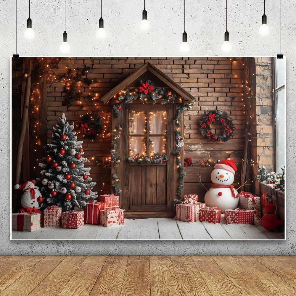 벽돌 벽 나무 집 크리스마스 사진 배경 실내 장면 눈사람 크리스마스 나무 화환 어린이 초상화 사진 배경