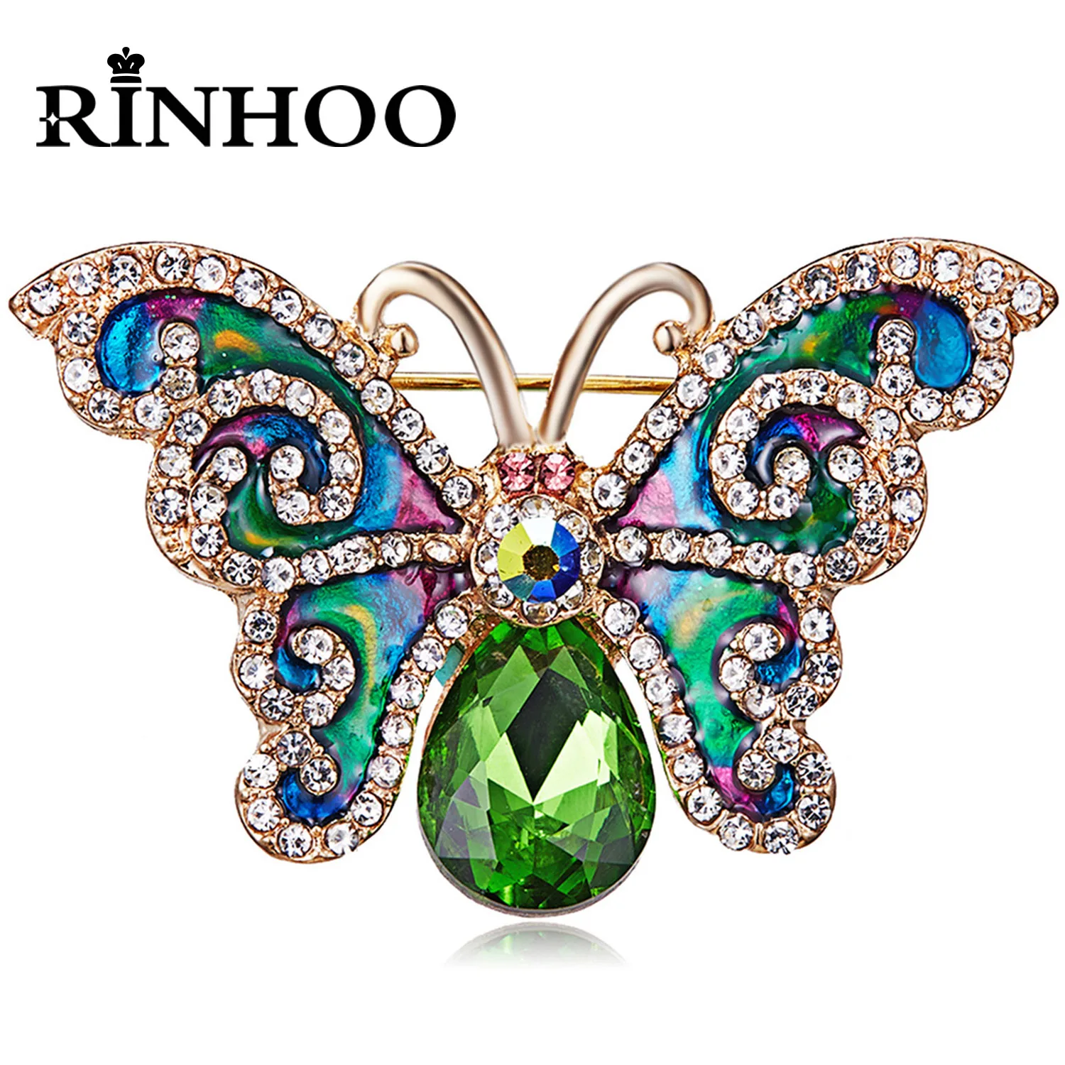 Rinhoo Green Enamel Butterfly Insect Brooches for Women Fashion Rhinestone Butterfly Animal Lapel Pins Jewelry Bag Clothes Badge