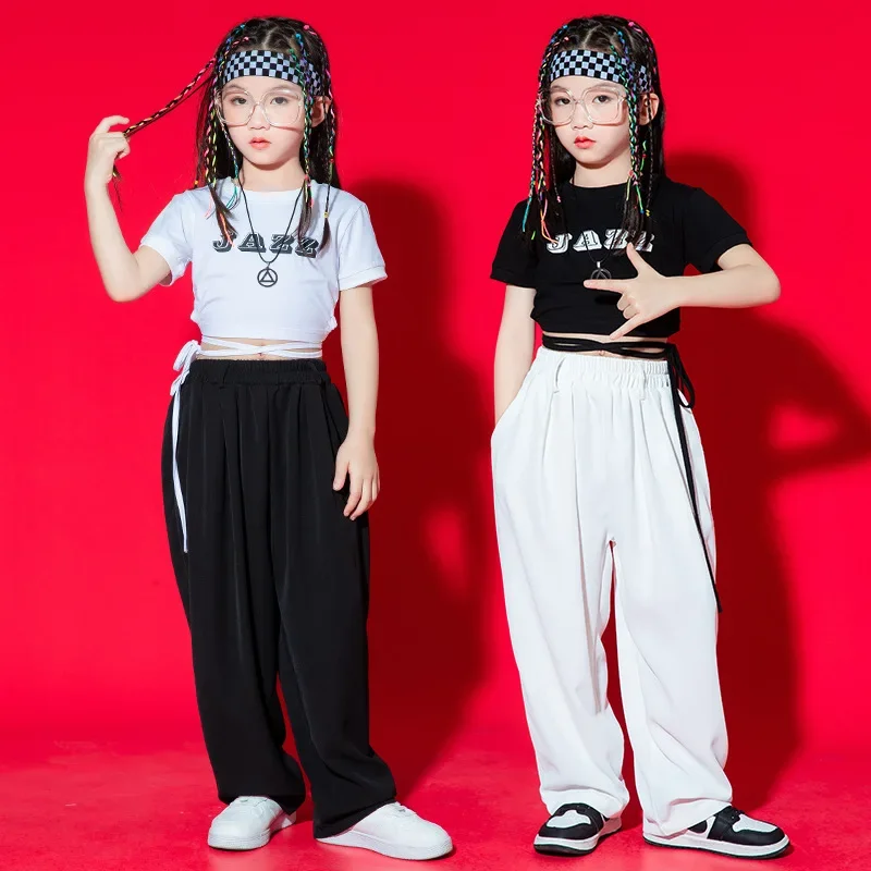 Ropa de Hip Hop para niños, traje de baile de Jazz para niñas, Camiseta corta con cordones en blanco y negro, camiseta informal, pantalones holgados de calle