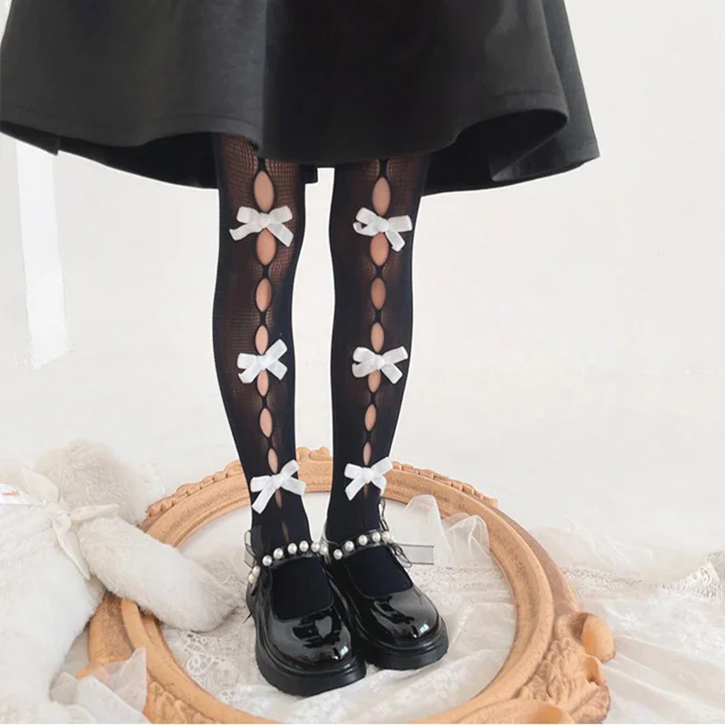 2023เกาหลีน่ารักใหม่ Bow Hollow ลูกไม้ถุงน่องฤดูร้อนบาง Fishnet สีขาวสีดำ Pantyhose Tights สำหรับเด็ก Leggings