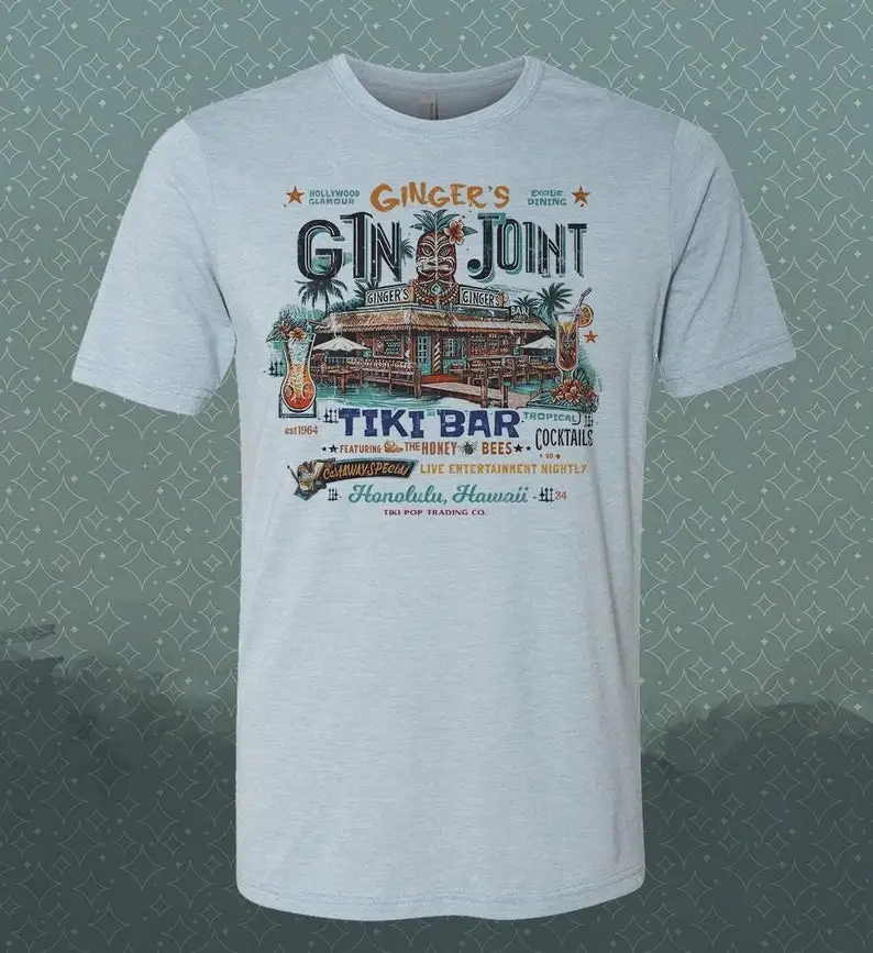 

Ginger's Gin Joint and Tiki Bar- Vintage-style T-Shirt Tee Hawaii Tiki Travel Souvenir • Gilligan's Island Retro Classic TV Kits