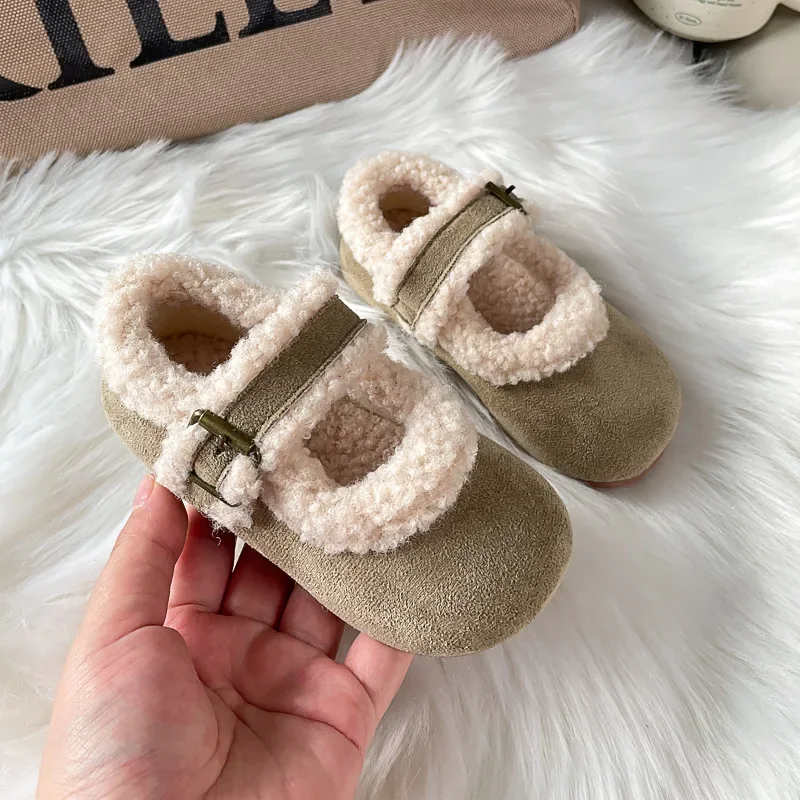 2024 Children Plush Leather Shoes for Girls Winter New Fashion Korean Style Soft Bottom Anti-slippery Versatile Chic Casual Shoe