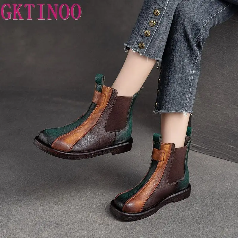 GKTINOO 2024 Autumn Winter New Mixed Colors Flat Short Boots Genuine Leather Retro Comfortable Versatile Women Shoes