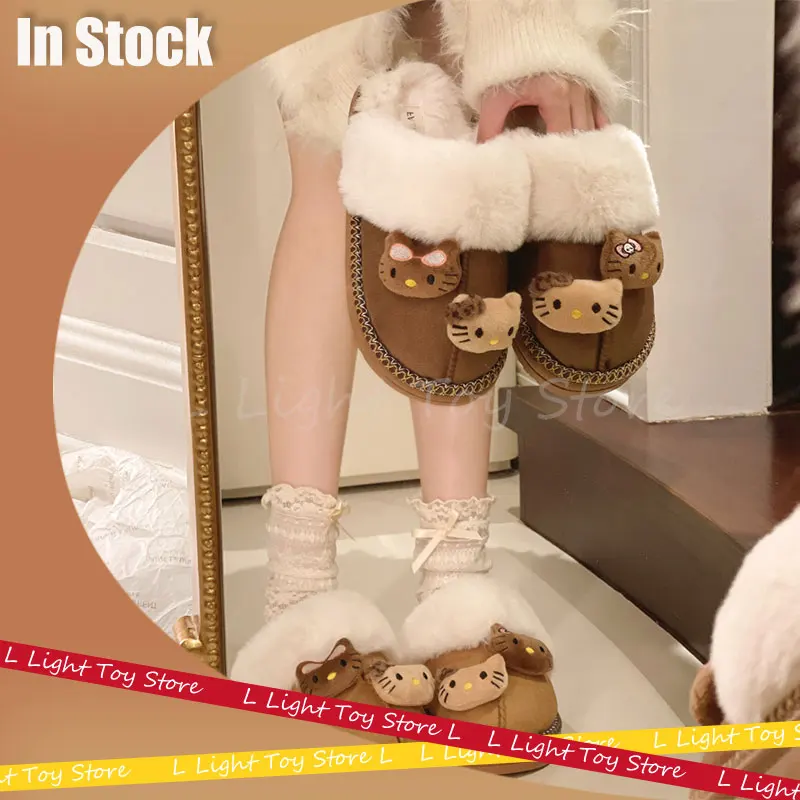 Sanrio Hello Kitty Plush Slippers Kawaii Y2k Outdoor Antiskid Flat Slippers Cute Cartoon Winter Fuzzy Warm Comfy Women Home Shoe