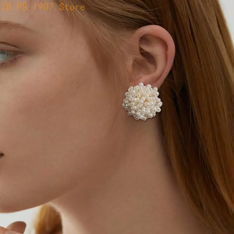 Floral Bead Ear Studs with Dimensional Rounded White Clusters 55KA