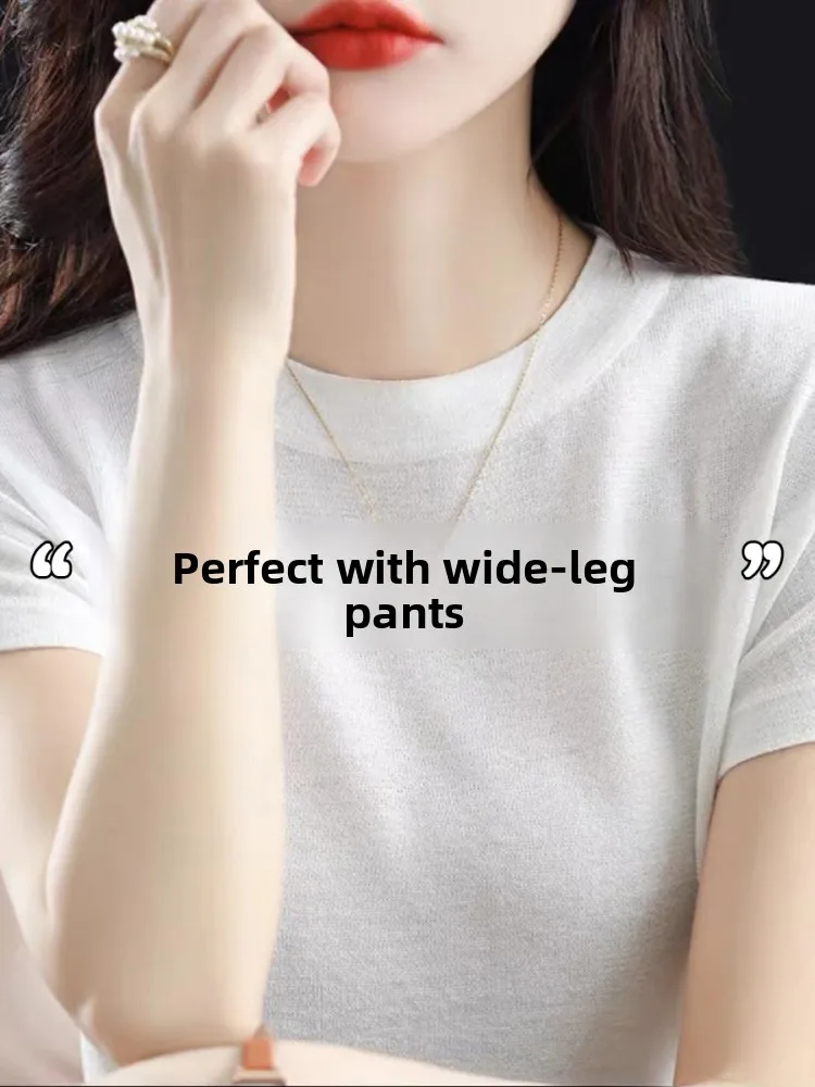 화이트 루즈 슬림 또는 얇은 니트 여름 신상 얇은 라운드 넥 티셔츠 여성 캐주얼 편안한 통기성