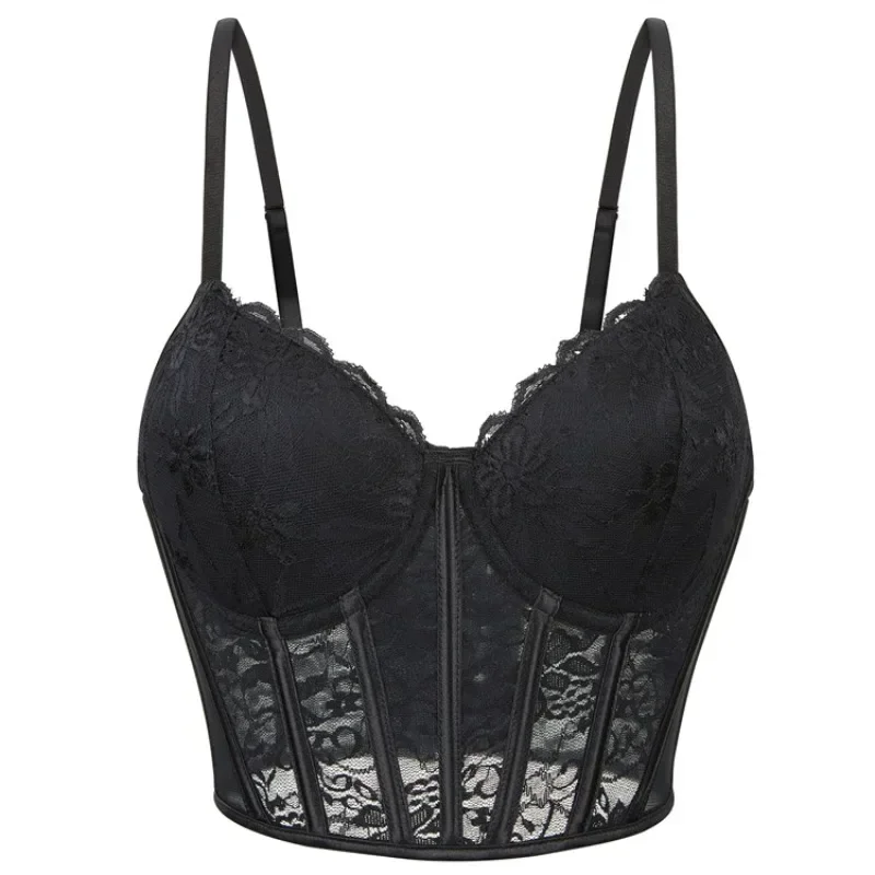 Czarny koronkowy gorset bustier damski push-up z przezroczystej siateczki, elegancka bielizna na imprezę klubową.