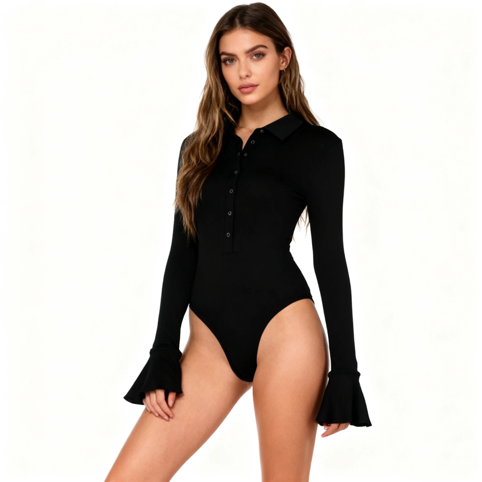 

American retro spicy girl solid color polo collar slim fit long sleeved bodysuit Spring/Autumn Harajuku spicy girl sexy top