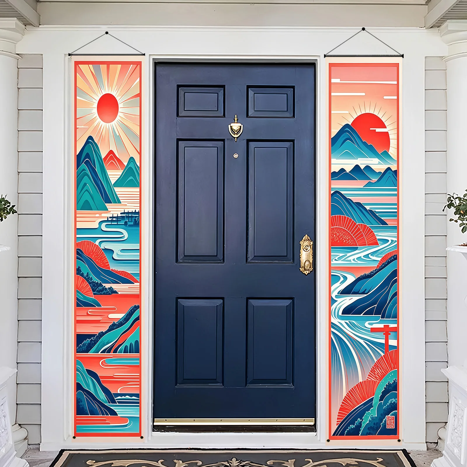 زوج واحد من أعلام الزوجين لتزيين الحفلات اليابانية، لافتة شرفة ترحيب عائلية - تصميم توضيحي كرتوني، #2