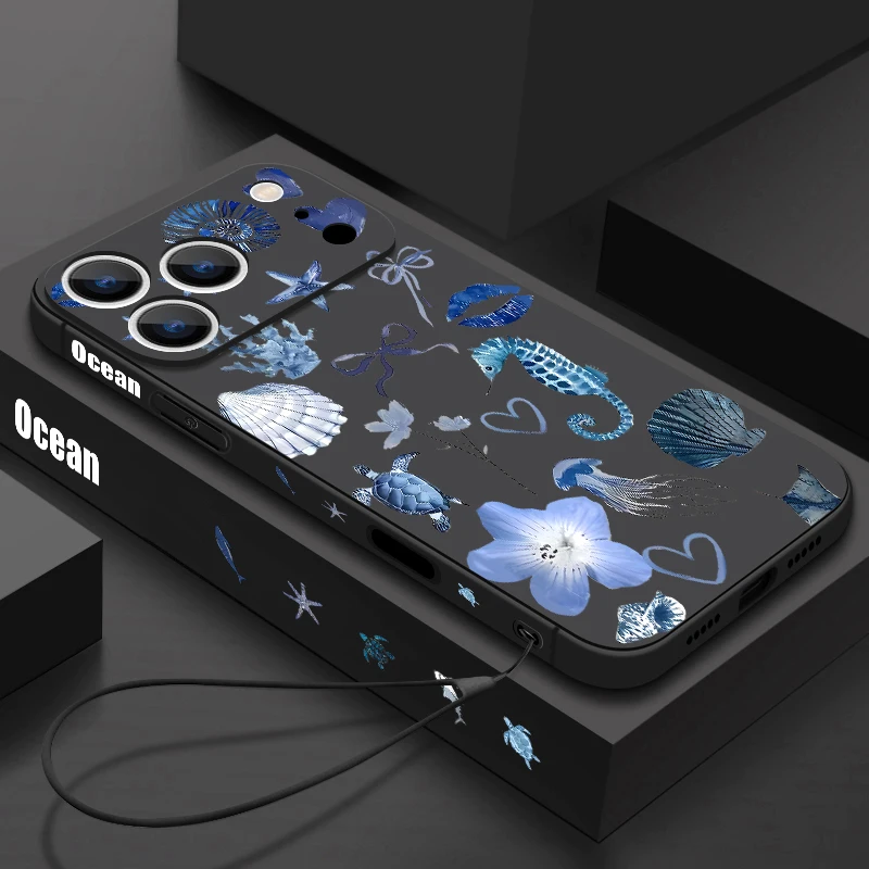 حافظة هاتف لهاتف آيفون 17 برو ماكس الأزرق فرس البحر السلاحف نمط الحبل غطاء لهاتف فوندا آيفون 16 برو ماكس 15 14 13 12 11 16e Air