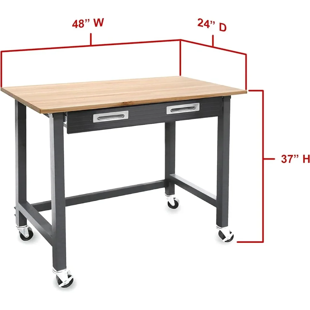 Seville Classics UltraGraphite Wood Top Workbench on Wheels with Sliding Organizer Drawer Table, 48", Satin Graphite