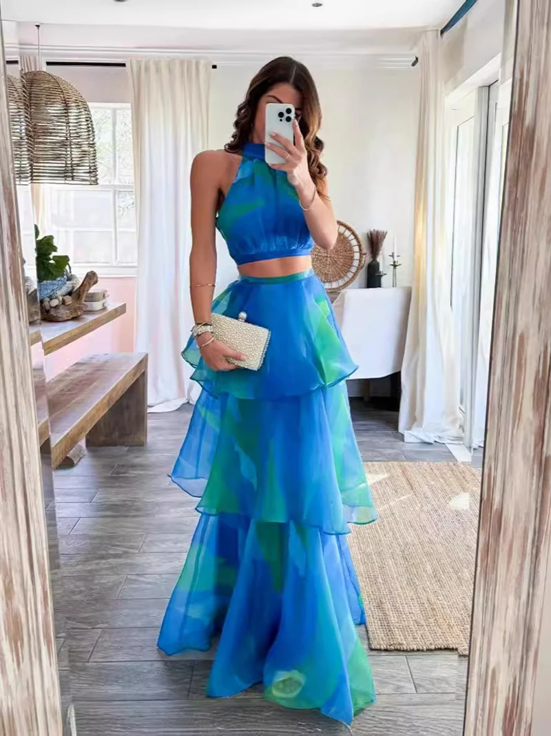 STYLISH LADY Ruffle Organza 2 Piece Set Women Outfits Sleeveless Crop Top and Long Maxi Skirts Sets 2024 Summer Club Party Suits