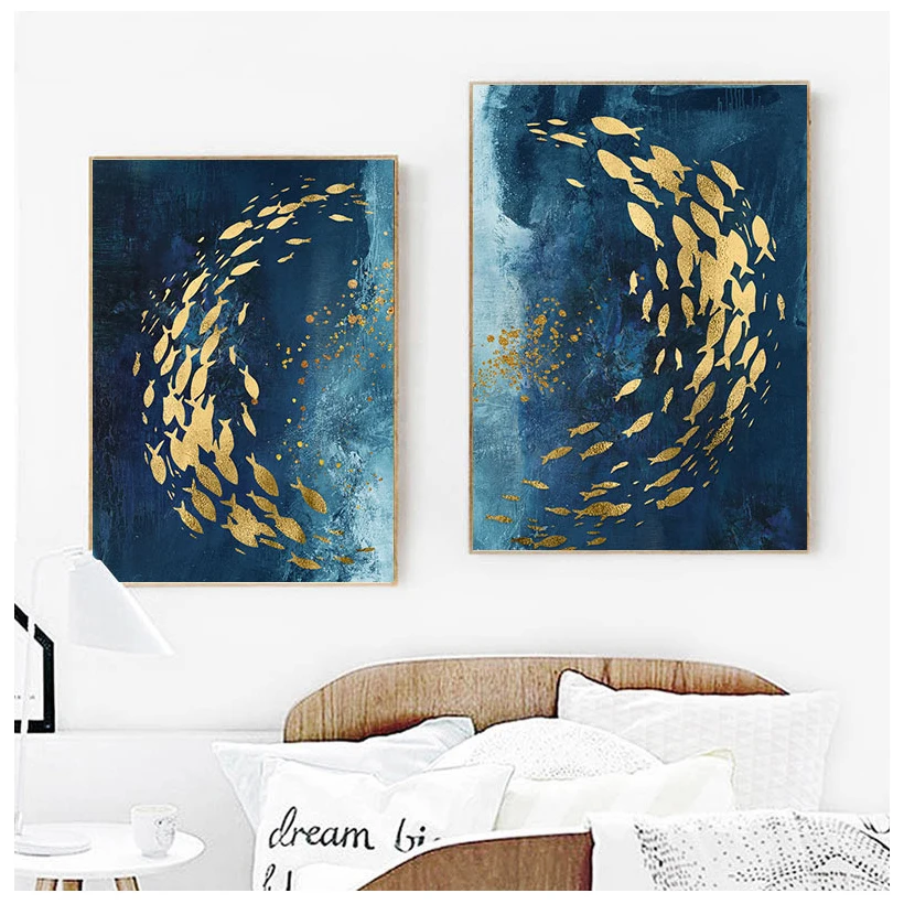 Abstract Nordic Style Wall Art Canvas Painting Golden Fish Blue Sea Poster Home Decoration Wall Painting For Living Room