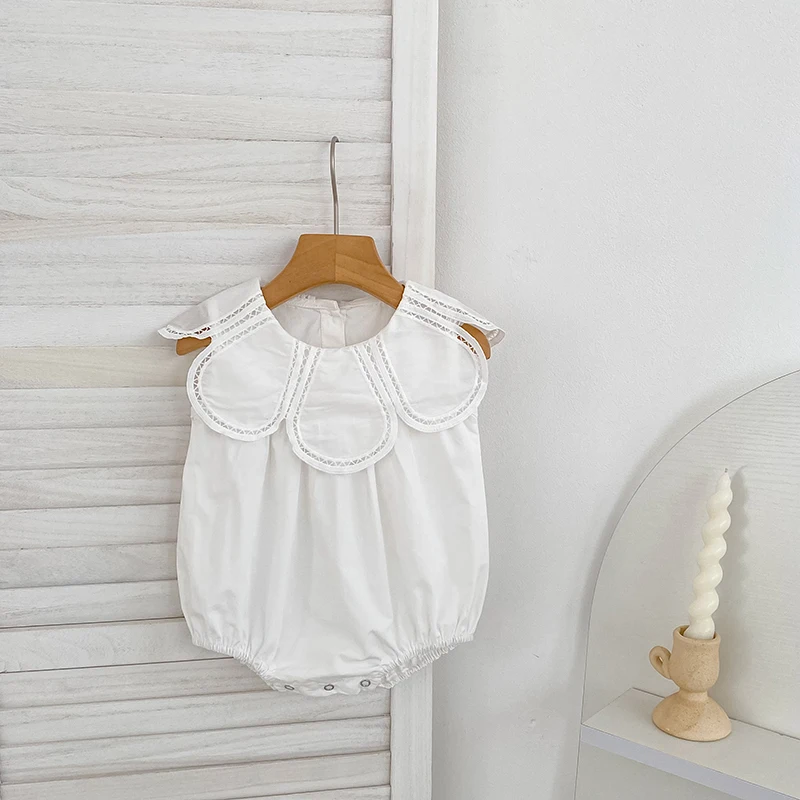0-24M Cotton Summer Baby Girl Clothing Newborn Baby Girl Romper Splicing Toddler Baby Girl Sleeveless Petal Collar Jumpsuit