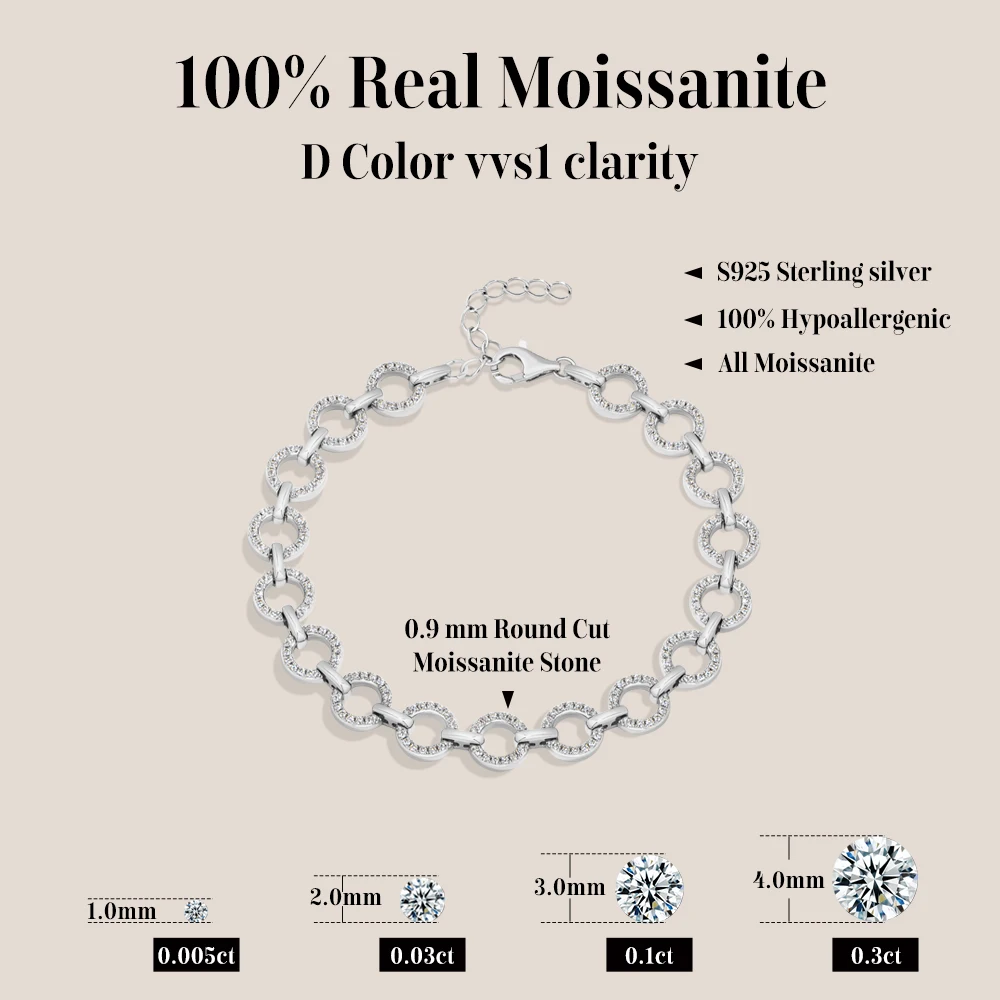 MINTYBOX Dainty Hollow Round Moissanite Bracelet for Women Men S925 Silver Adjustable Chain 16.5+3cm Birthday Party Jewelry Gift