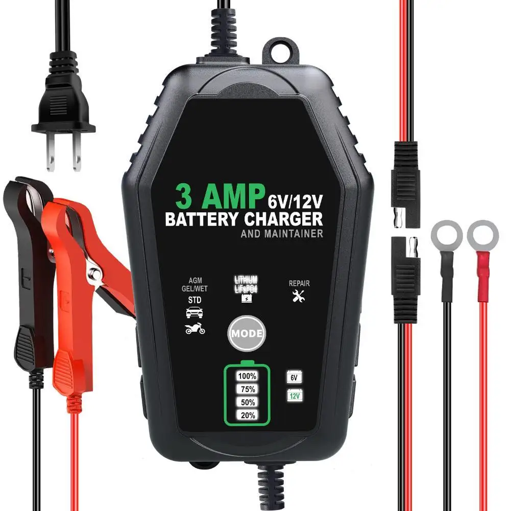 Cargador de batería inteligente automático para coche y motocicleta, baterías de plomo-ácido, LiFePO4, 6V, 12V, 3A