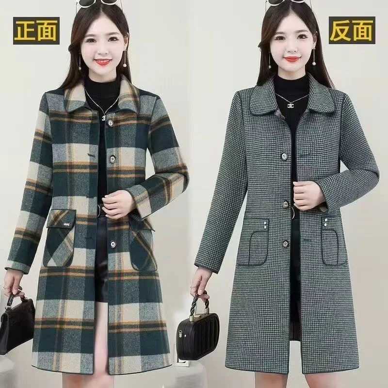 Manteau en laine à carreaux pour femme, velours épais, épais, chaud, mi-long, à capuche, manteau chaud en laine, veste d'hiver pour femme, manteau en fausse fourrure