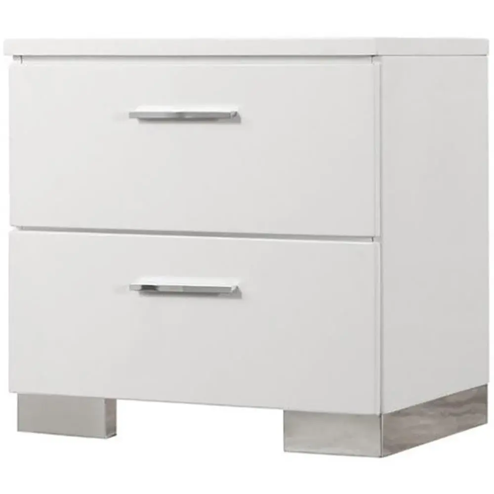 Glossy White 2 Drawer Nightstand with Chrome Accents, Modern Bedroom Storage, 22.5