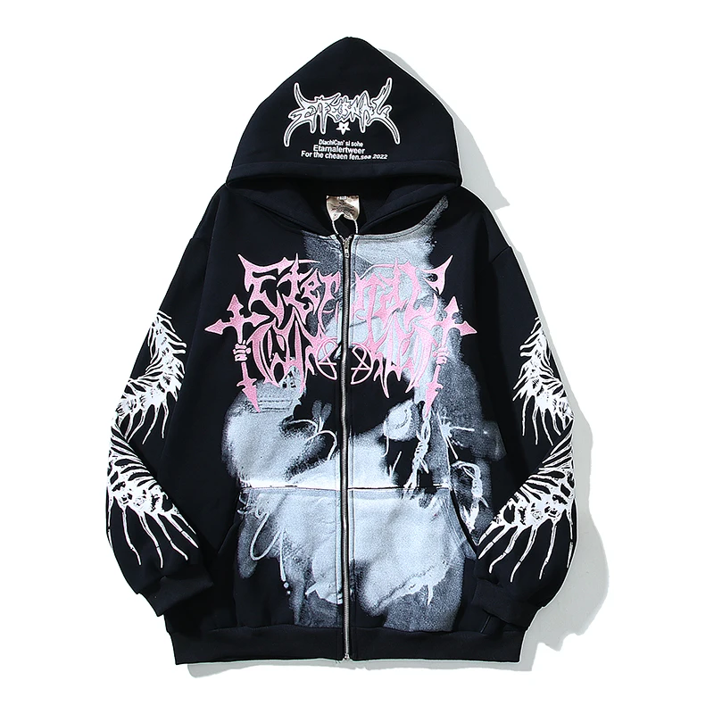 Kanye West Vintage Zip Up Hoodie Y2k Dinosaurier Knochen Graffiti Sweatshirt Männer Buchstaben Stickerei Strickjacke Baggy Pullover Übergroß