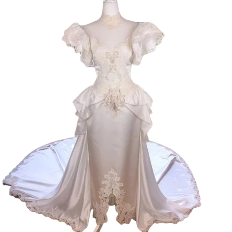 Vintage Victorian Wedding Dress With Detachable Train Sheath White Satin Long Bridal Gown Customized Vestidos De Novia