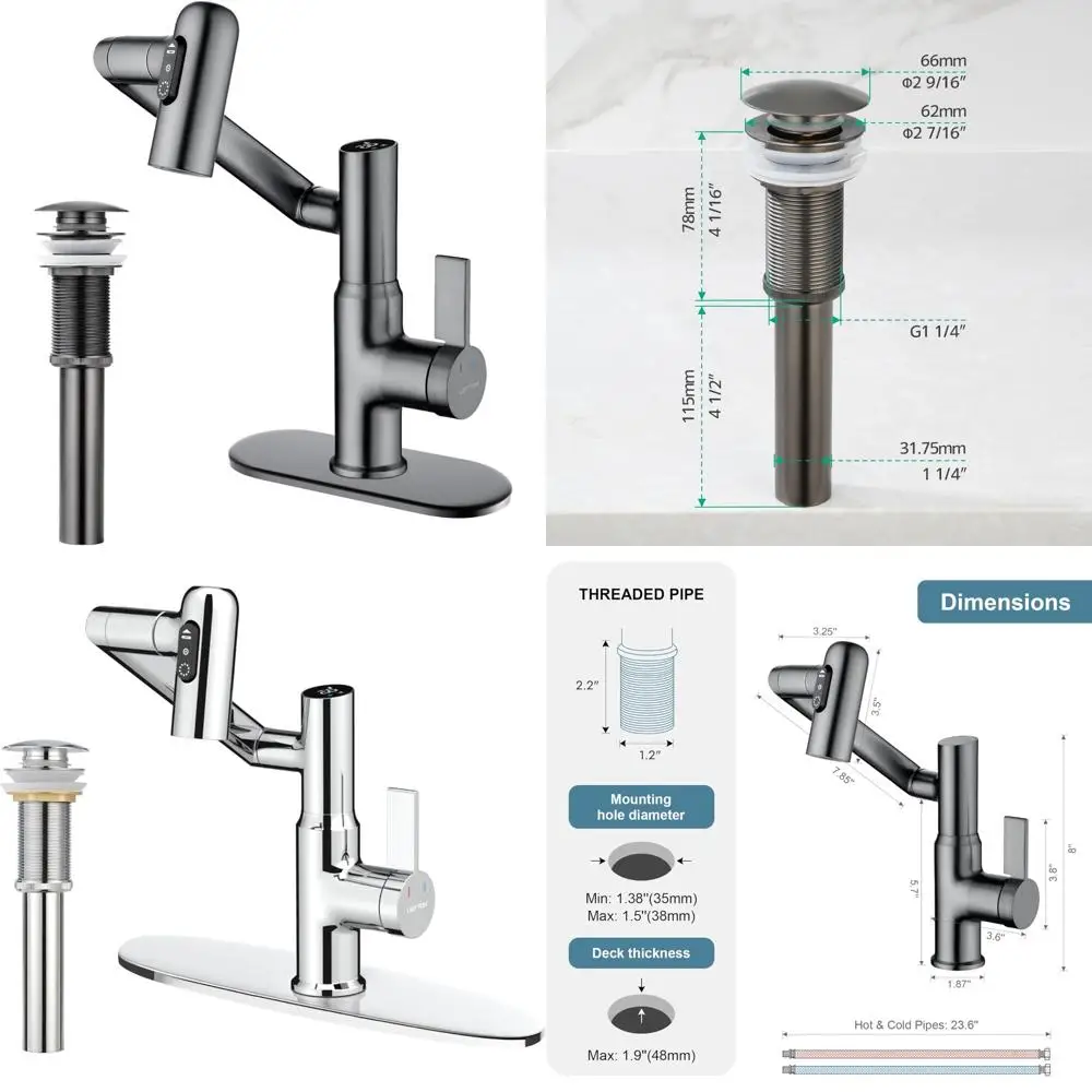 

Grey Rotatable Bathroom Sink Faucet with 6 Cover Plates and Pop-up Drain Stopper, Modern Design, Grey Finish