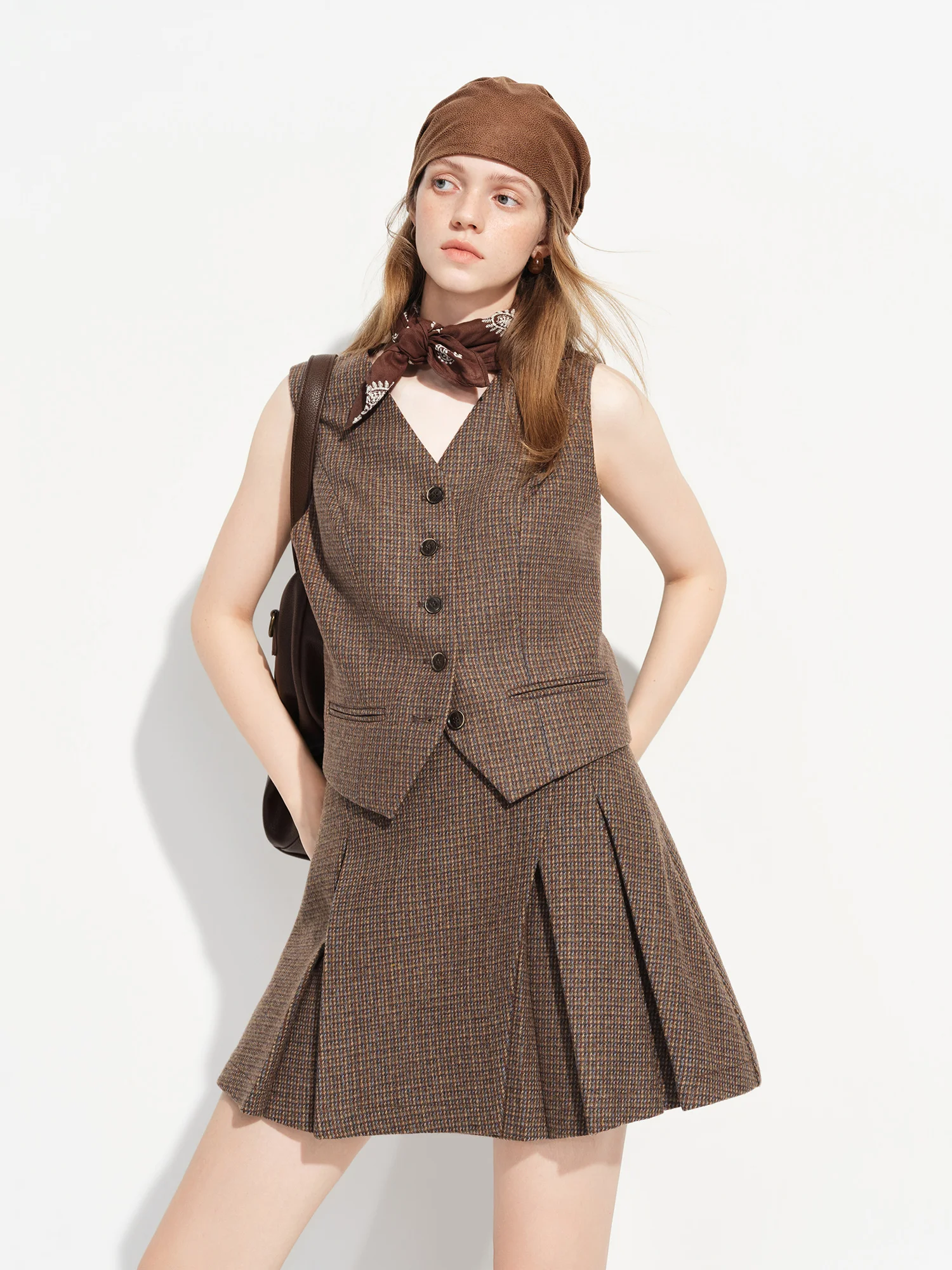 Premium Women's Brown Wool Checkered 3-Piece Suit Set