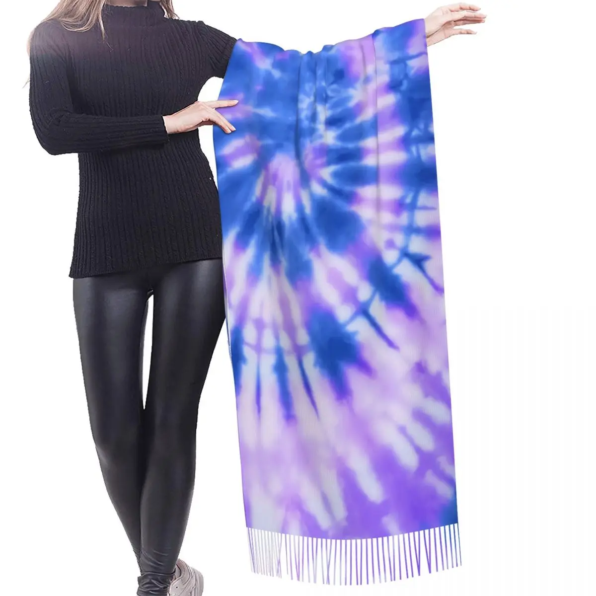 Custom Lady Large Tie Dye Blue Purple Scarves Women Winter Fall Soft Warm Tassel Shawl Wraps Traditional Dyeing Art Scarf