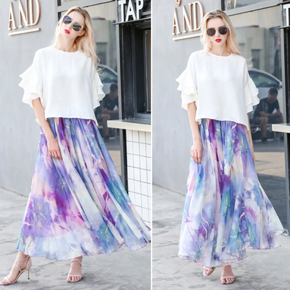 المرأة الشيفون ليوبارد طباعة تنورة طويلة ، مرونة الخصر ، طويلة ، الشاطئ ، عطلة ، البوهيمي ، عطلة ، الكورية ، الصيف