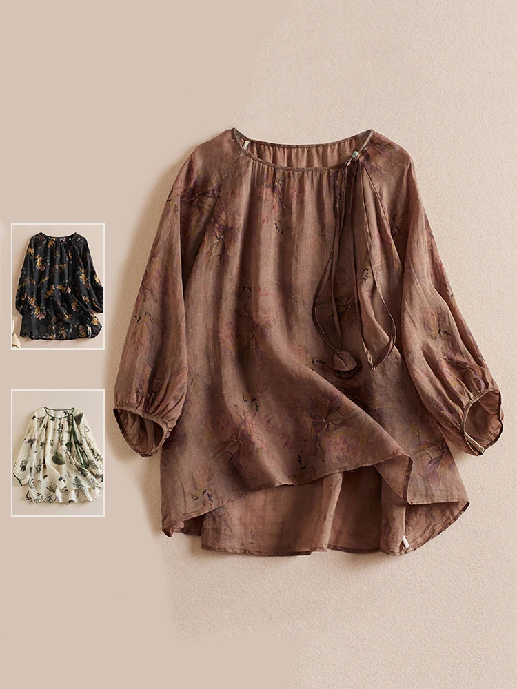 

plus Size Women's Retro Floral Print Cotton Linen Lantern Sve T-irt Summer Thin Chiffon round Ne Asymmetrical Top