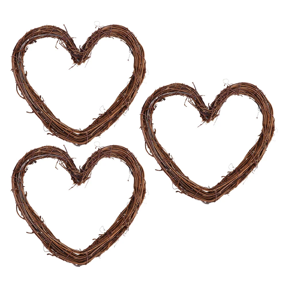 3pcs Heart Wreaths Natural Rattan Love Heart Wreath Rustic Wicker Wall Decor for Christmas Wedding Party Size