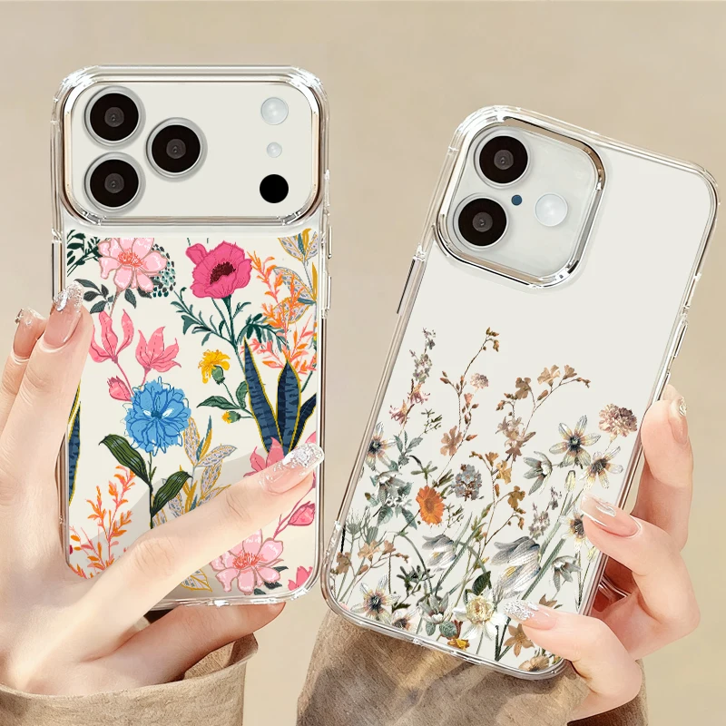 Funda Blanca con Flores para iPhone 17 Pro Max, Marco de Lente Plateado, Cubierta Suave Transparente para iPhone 16 15 14 13 Pro Max 11 17e 16e