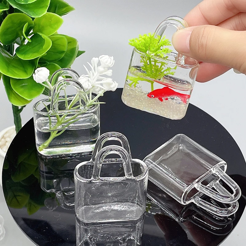 14 STYLES Dollhouse Mini Glass Handbag Transparent Vase Fish Tank W/Package Box For Dolls House Decor Accessories