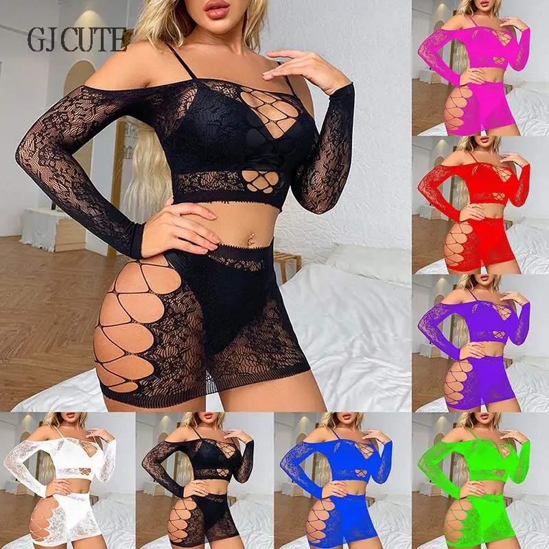 Sexy Lingerie Hollow Long Sleeve Skirt Underwear Sleepwear Sexy Tight Fitting