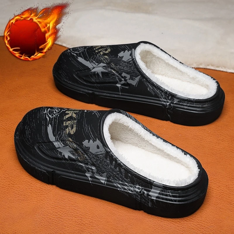 

Mens Plush Clogs Winter Warm Cotton Slippers for Men Anti-slippery Waterproof EVA House Slipper Winter Casual Slip Ons Shoes Man