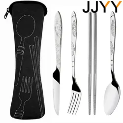 JJYY 4Pcs/3Pcs Set Dinnerware Portable Printed Knifes Fork Spoon Stainless Steel Family Camping Steak Cutlery Tableware with Bag