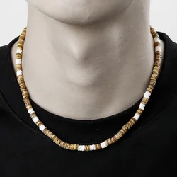 Bohemian Style Wooden Beaded Surfer Men's Necklace Soft Pottery Shards Simple Geometric Tribal Ethnic Handmade Chain Gifts