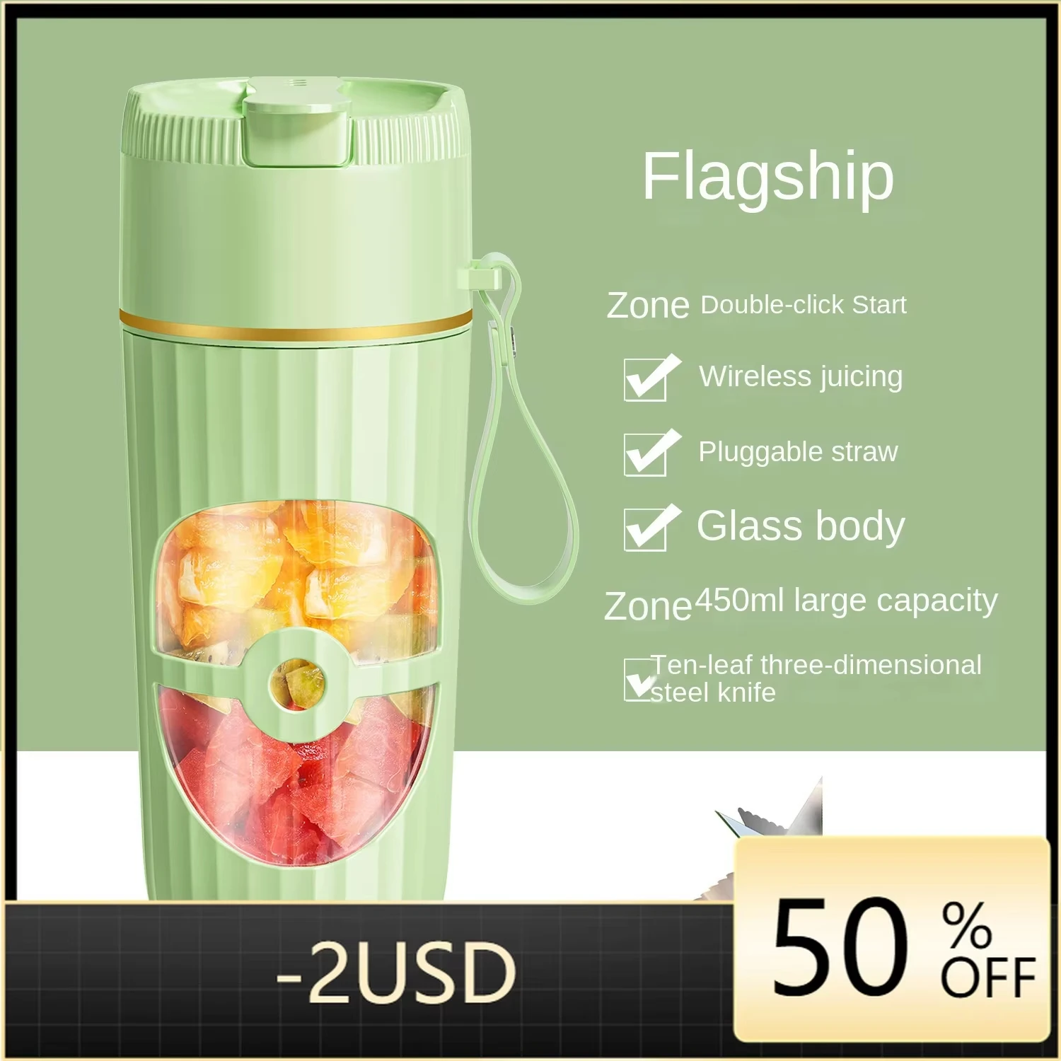 

Portable Blender Smoothies Juicer Machine USB Rechargeable 3000Mah Mini Fresh Fruit Juice Cup Blender 450ML