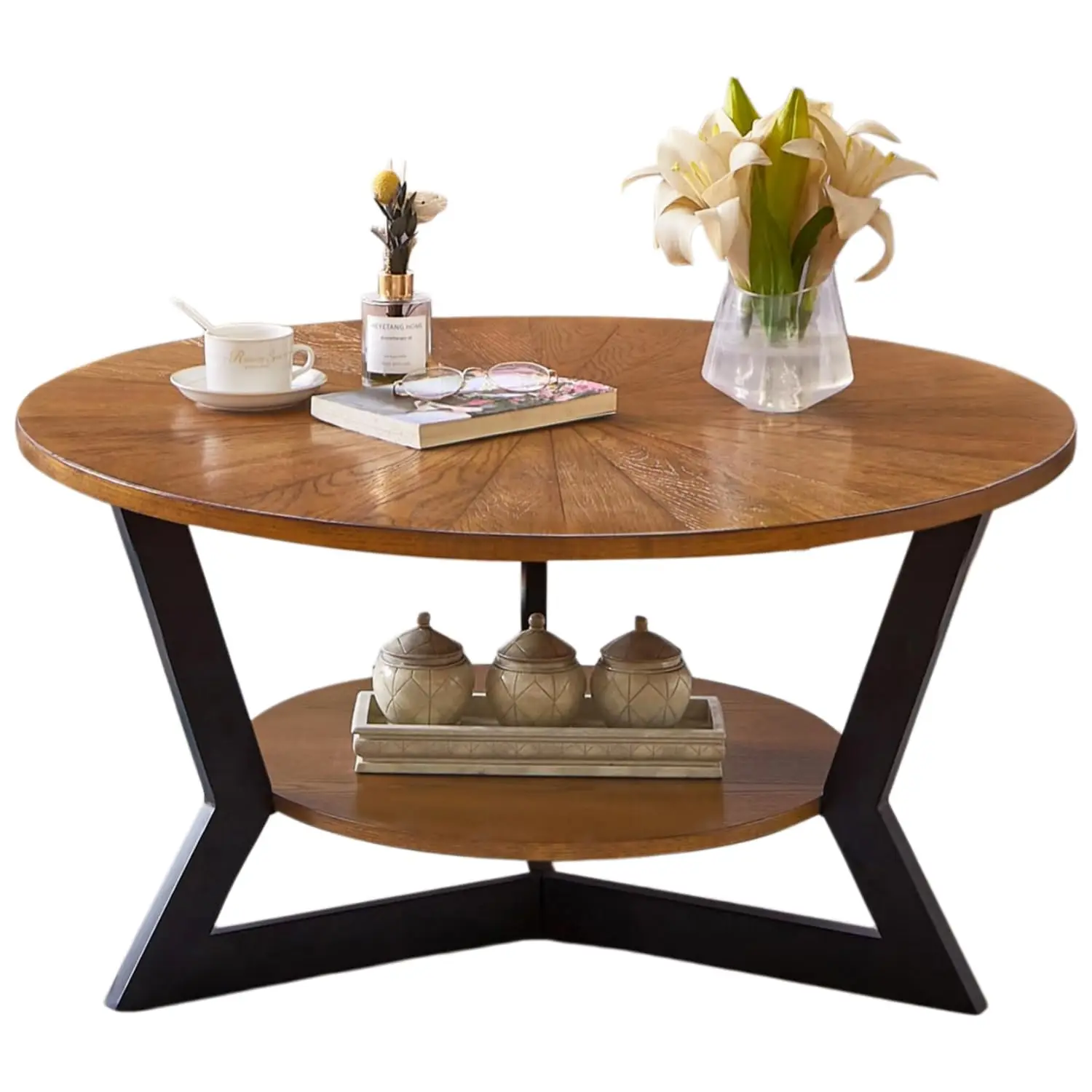 Round Coffee Table, Solid Wood Circle Coffee Table with 2-Tier Storage, Center Table for Living Room Bedroom Office, Customized