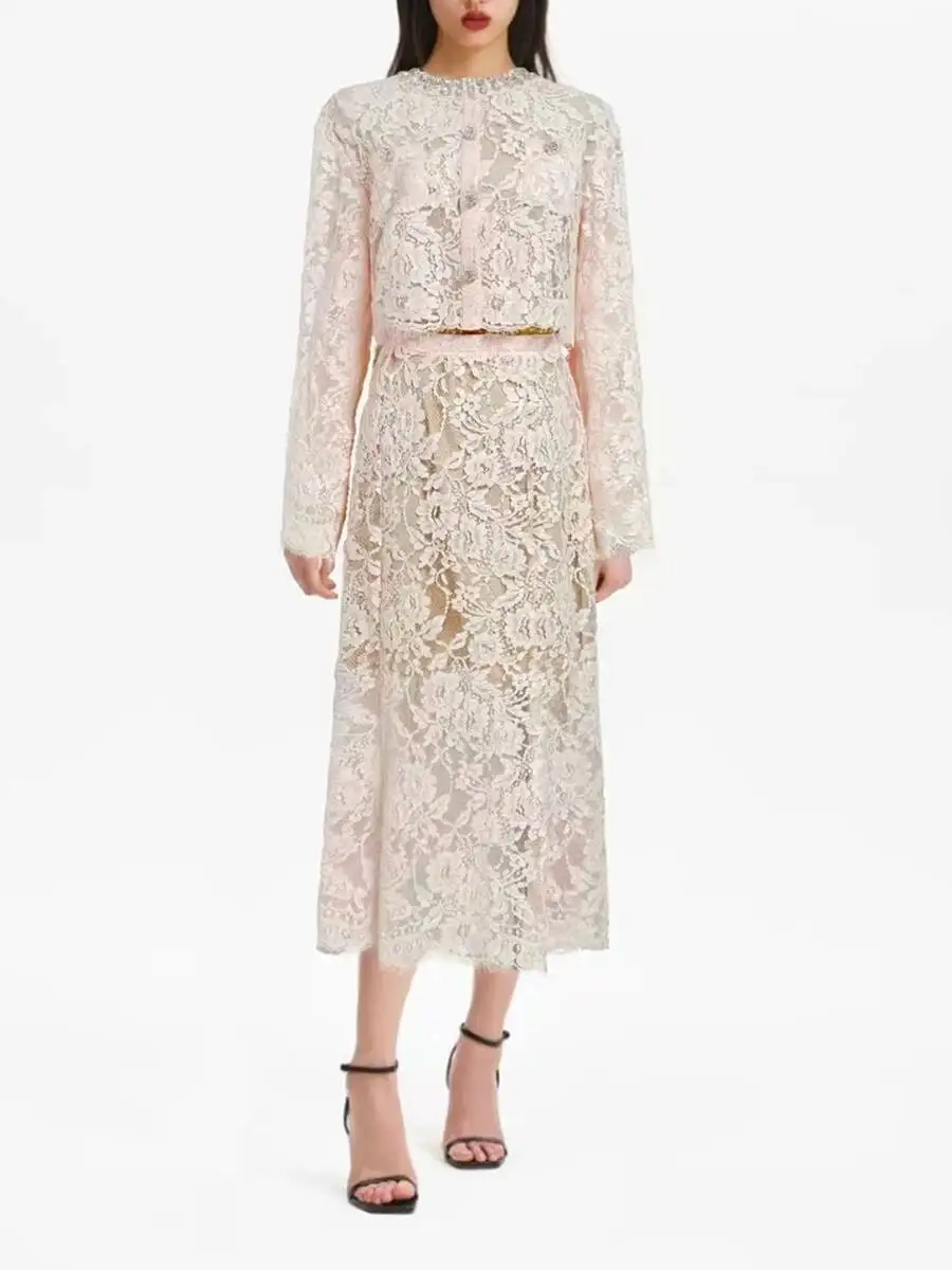 LEOSOXS mode femmes solide évider deux pièces ensemble col rond à manches longues haut taille haute jupe élégant Chic ensembles femme nouveau