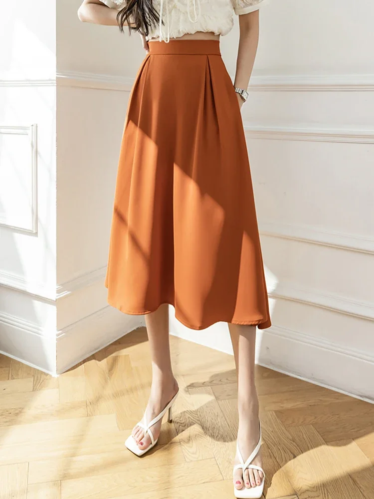 Women's Maxi Skirts High Waist Office Wear A-Line Long Skirt Big Swing Umbrella Pleated Falda Yellow Orange