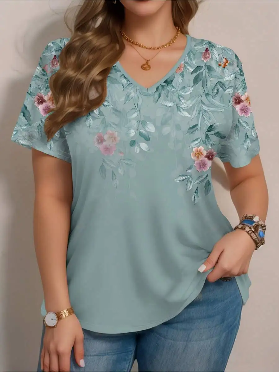 

Womens Floral V-Neck Short Sleeve Cotton T-Shirt Elegant Casual Daily Wear